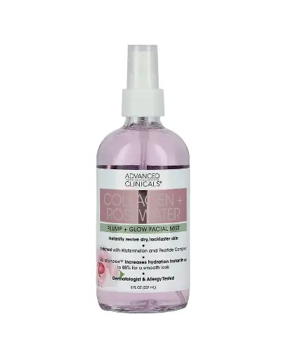 [A0045] Advanced Clinicals, Bruma facial de Colágeno y agua de rosas para dar volumen y brillo, 237 ml